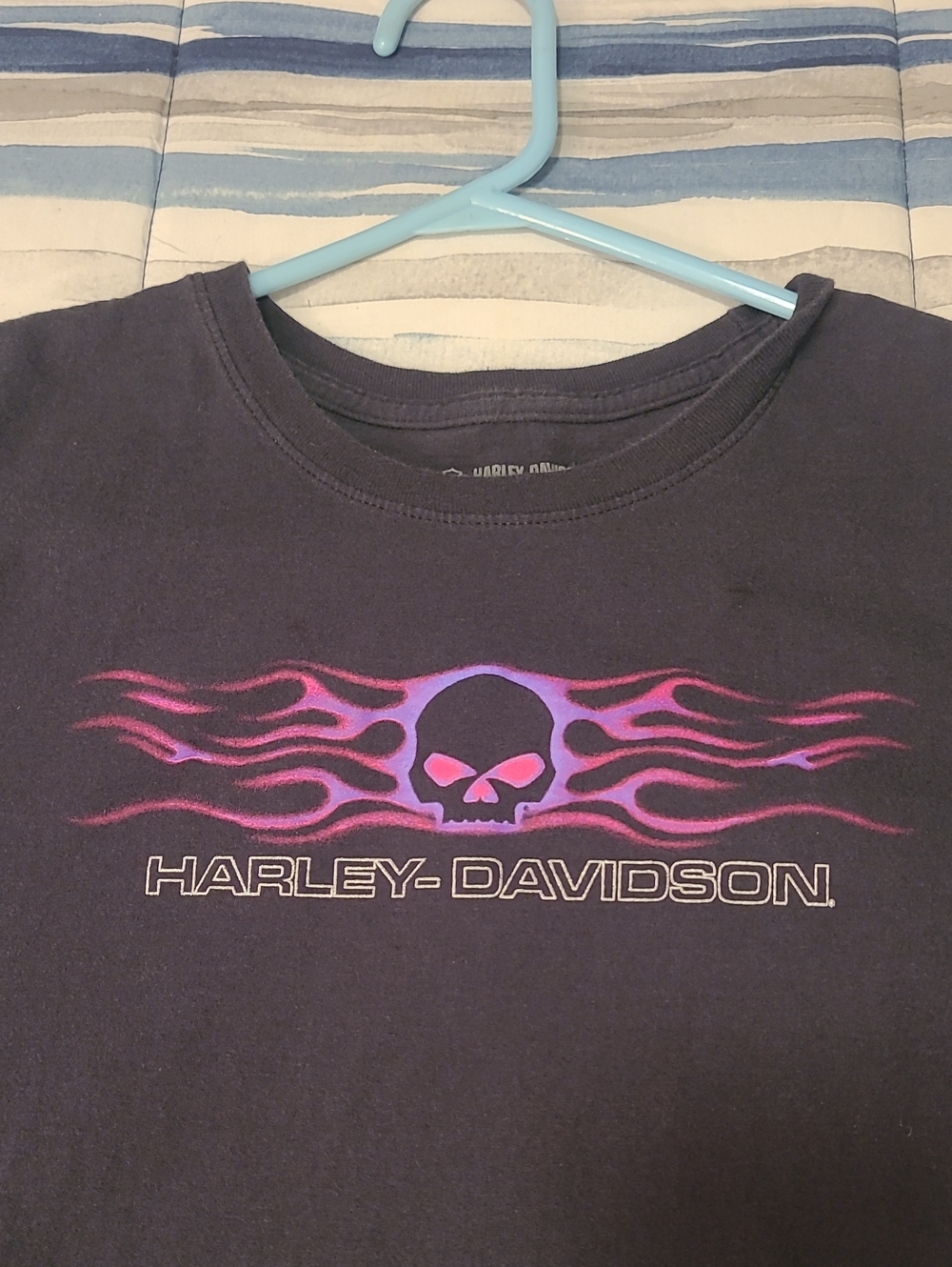 Harley-Davidson Black Women's Tee with Purple and Pink Flame Skull